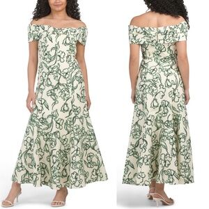 NICHOLAS Diana Linen Blend Floral Print Off Shoulder A Line Midi Dress Size 6